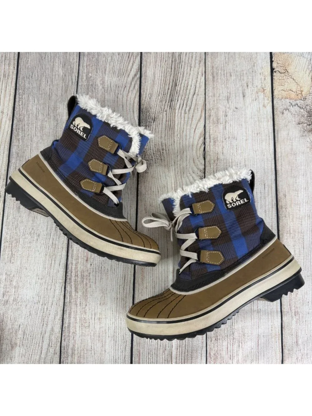 Sorel Tivoli Plaid Snow Boots Blue Black Checkered Pattern Waterproof Size 7.5